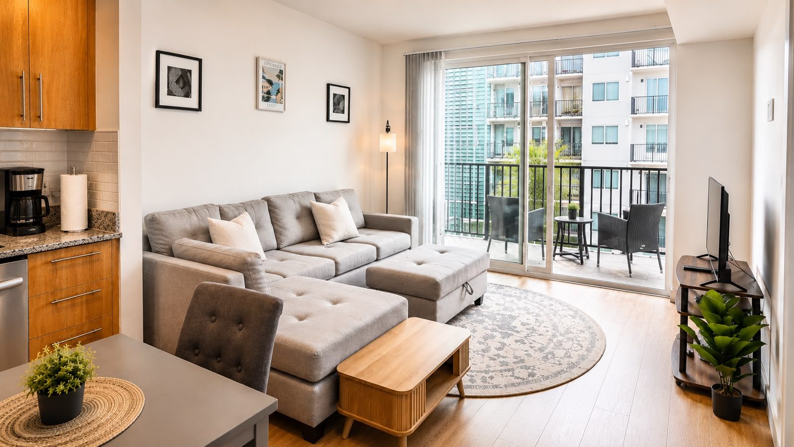 Living con sofá seccional y balcón