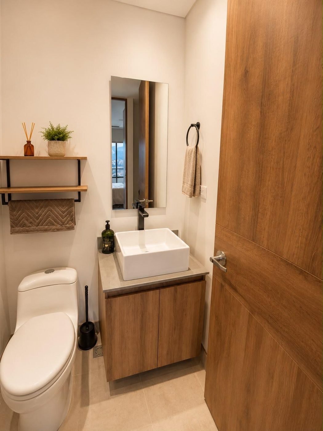 Baño con lavabo de apoyo y muebles de madera