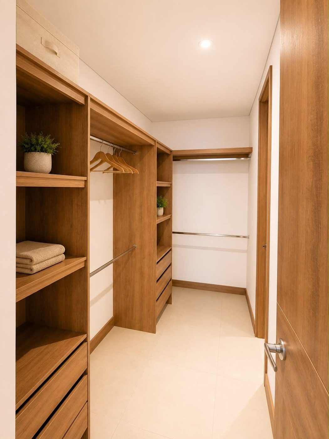 Vestidor walk-in con estantes y cajones
